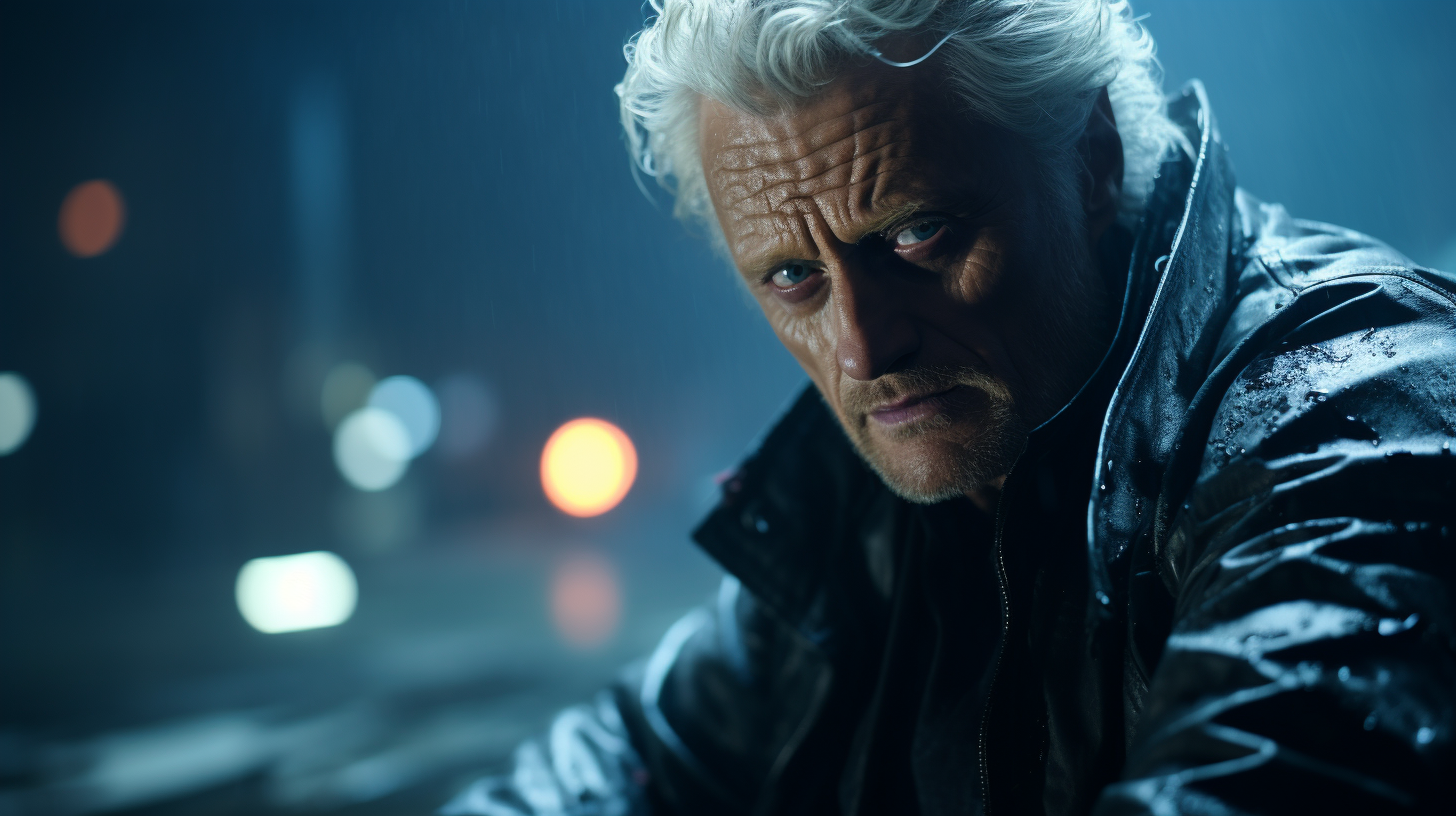 Angry Rutger Hauer as Batty pointing gun