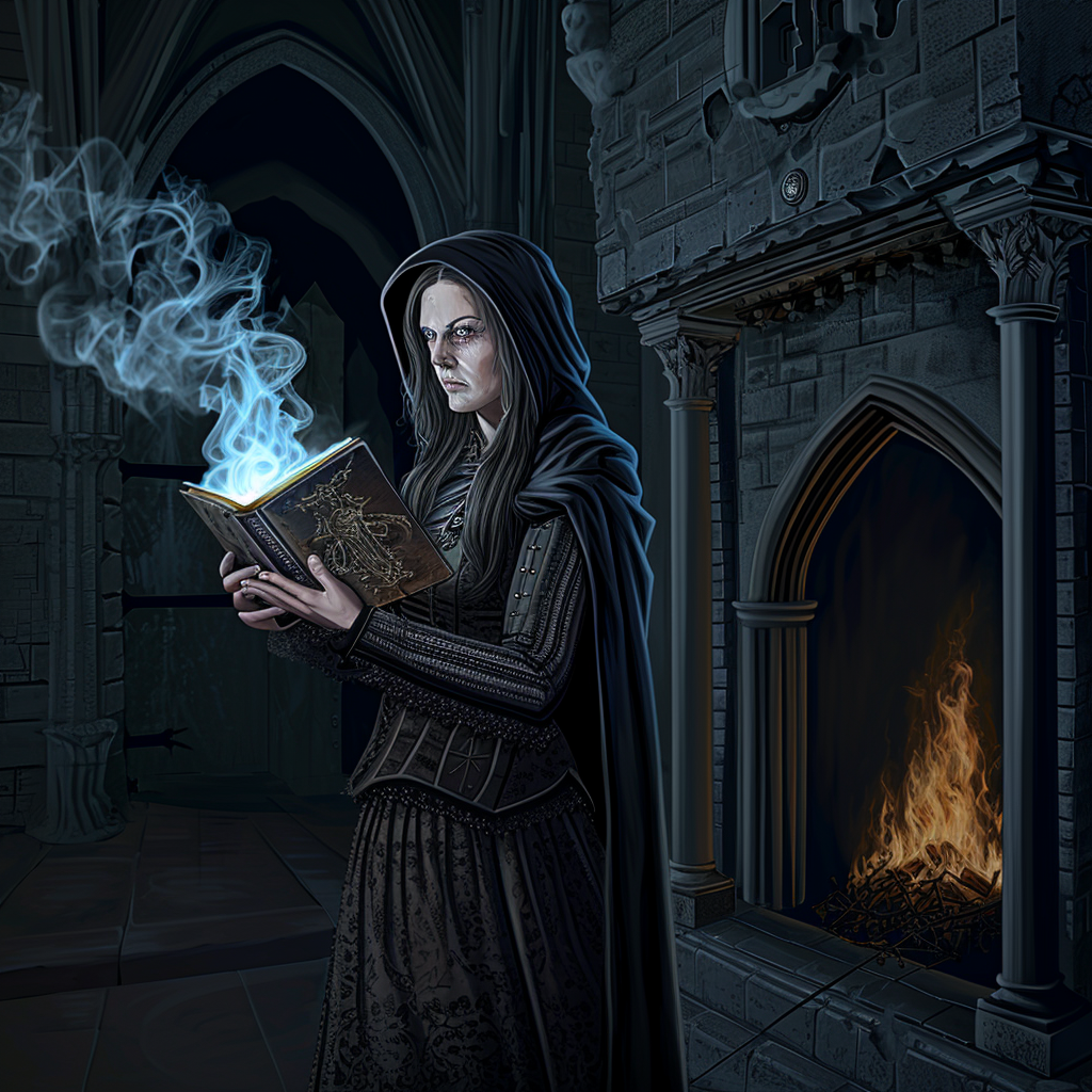 Angry woman casting spell in gothic castle