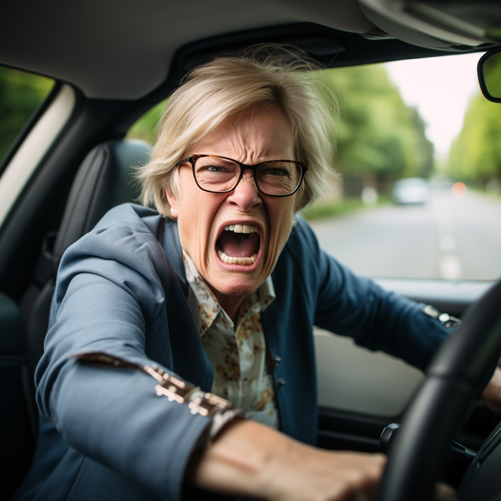 Angry woman in road rage driving