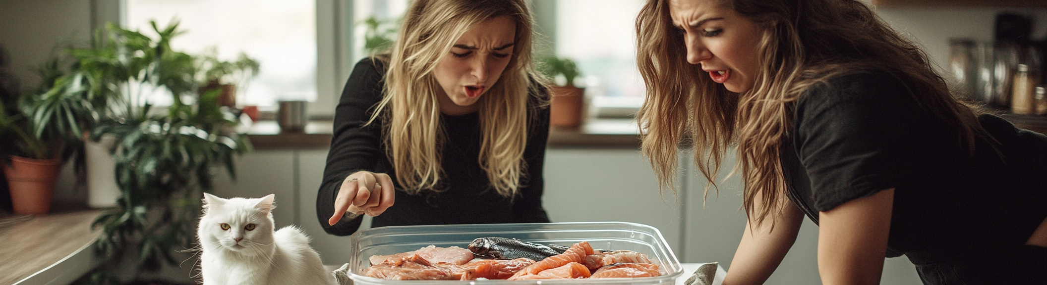 Two angry women pointing at food