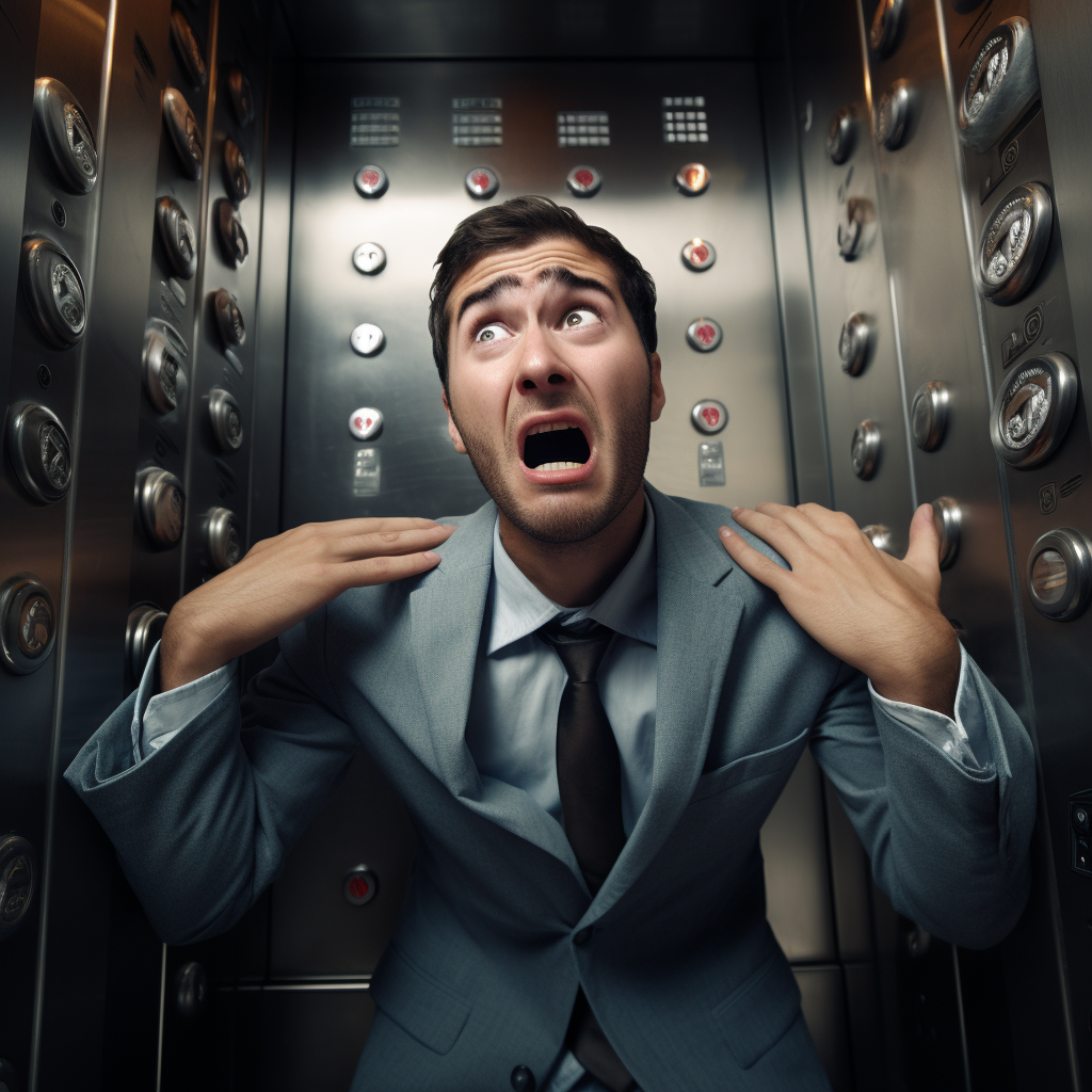 Angry young man pressing elevator buttons