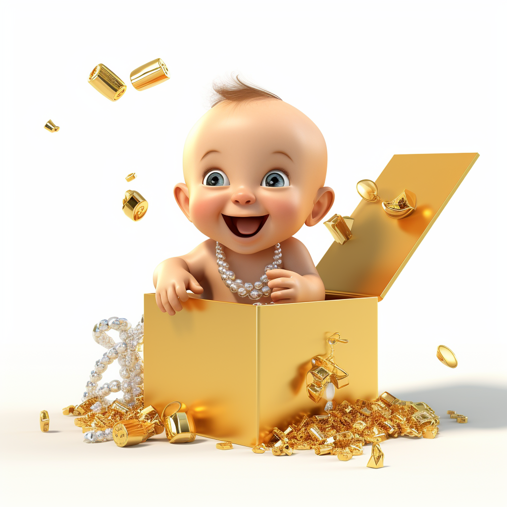 Smiling baby in a cardboard box with jewels and gold