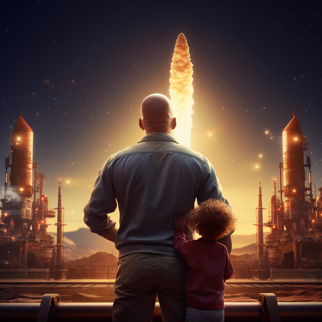 Animated rocket engineer and son watching rocket launch