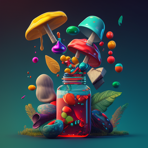 Colorful mushrooms and drinks from an animated bar