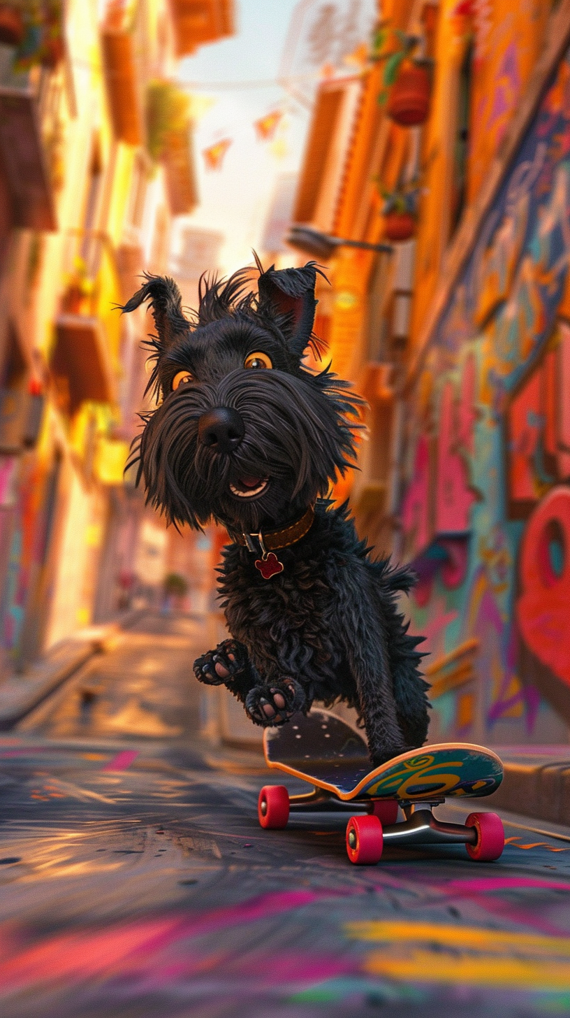 Animated black Scottie dog skateboarding adventure