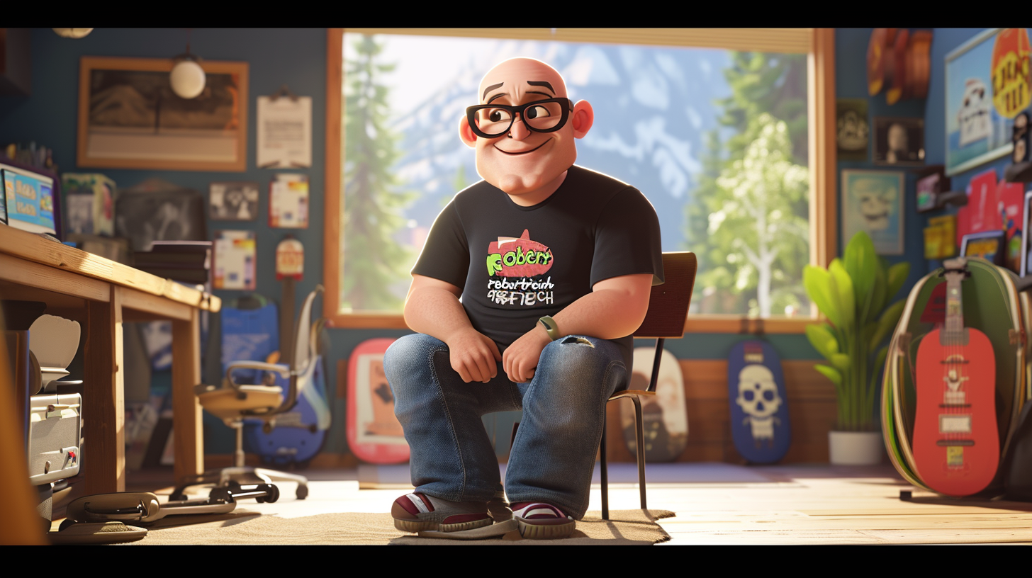 Animated character wearing jeans and black t-shirt