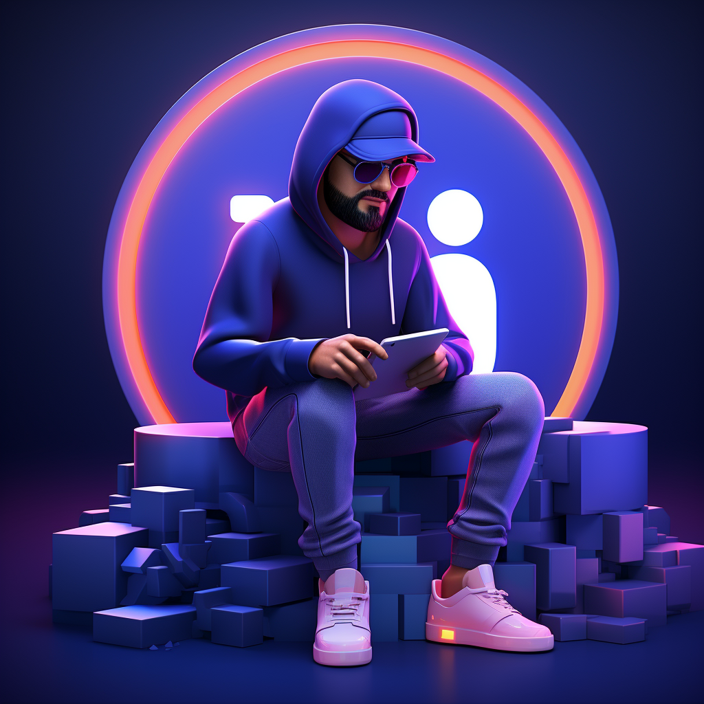 Animated character sitting on Facebook social media logo