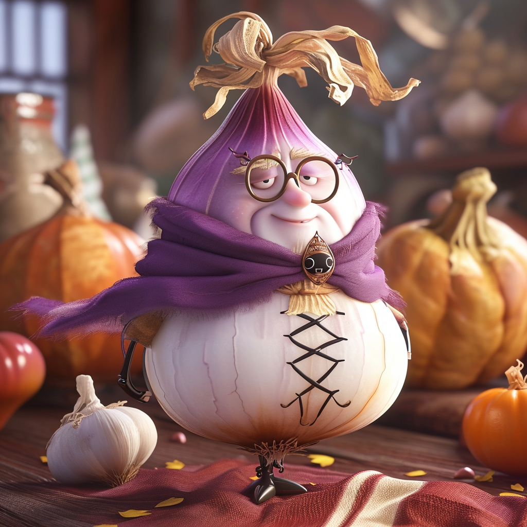 Animated onion in criss-cross costume