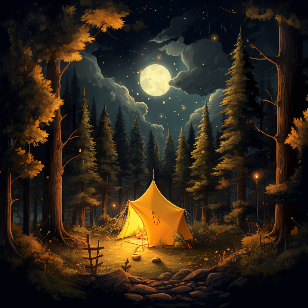 Beautifully Lit Yellow Tent in Forest