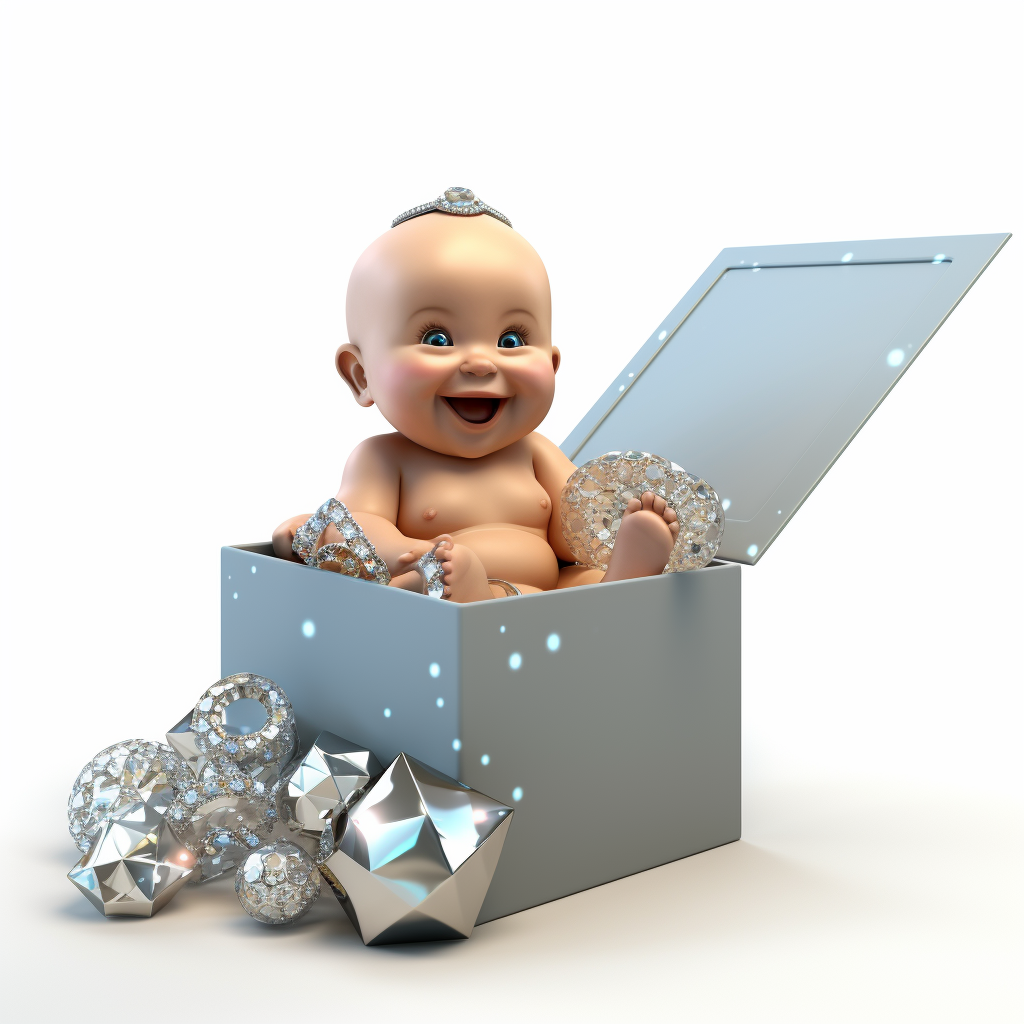 Cute baby sitting in box of jewels