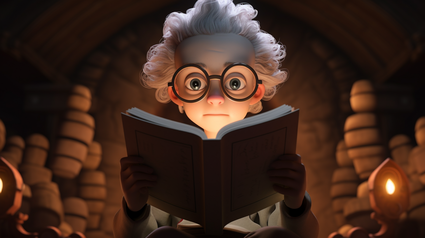 Animated character reading a book