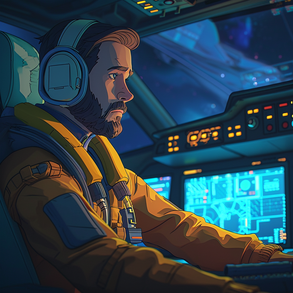 Animated pilot coding in futuristic cockpit