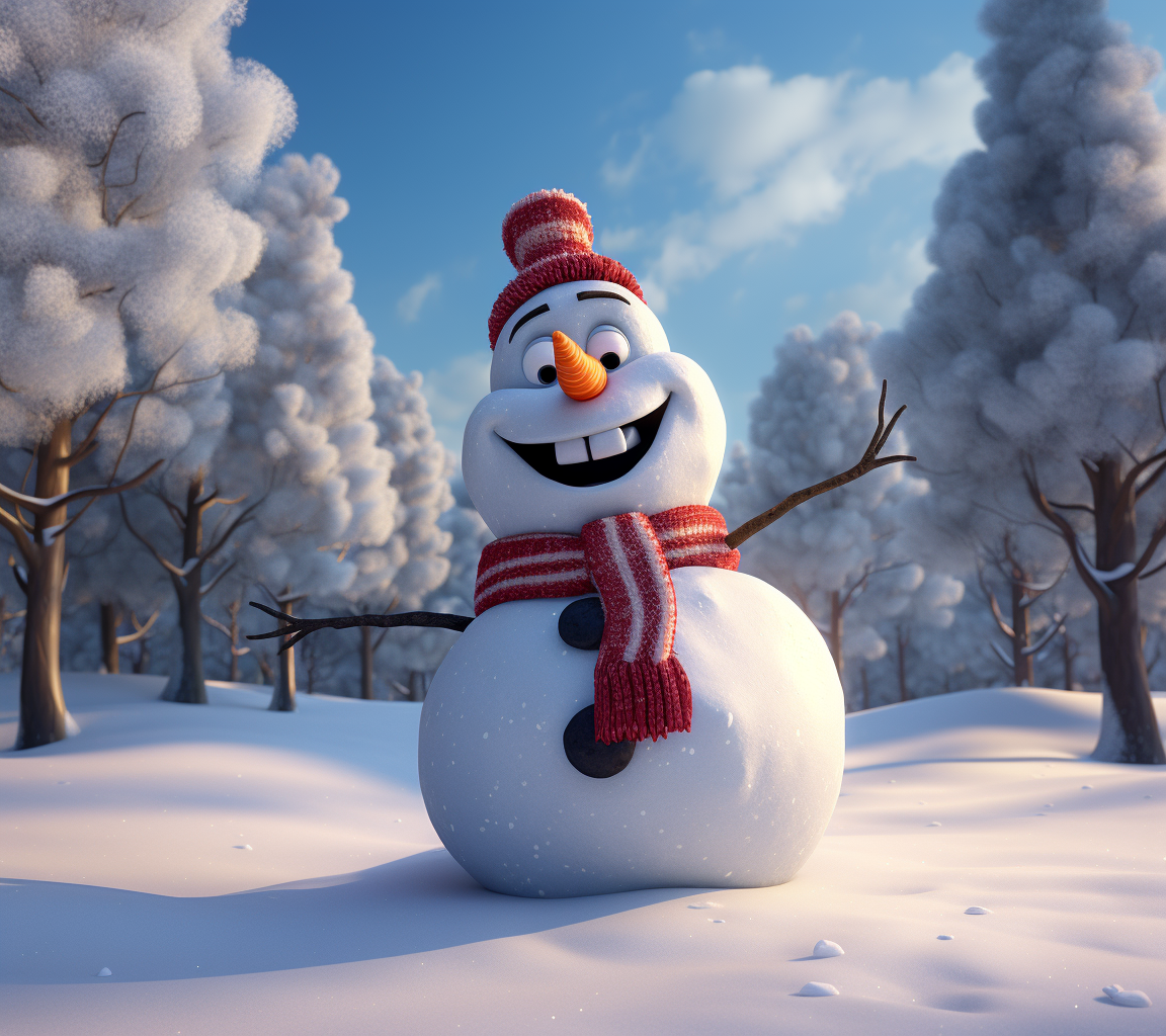 Cute animated snowman with 3D cartoon style