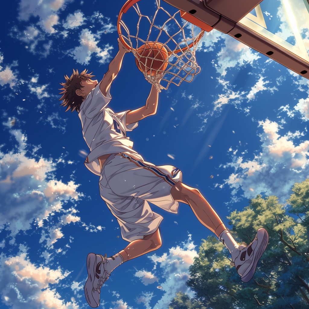 Anime boy dunking basketball moment