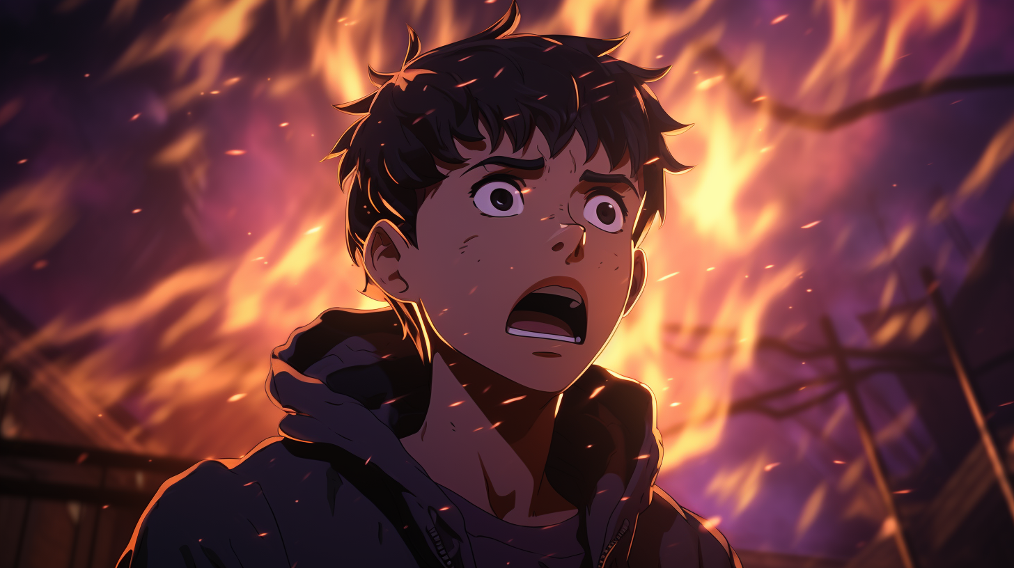 Sad anime boy in explosive landscape