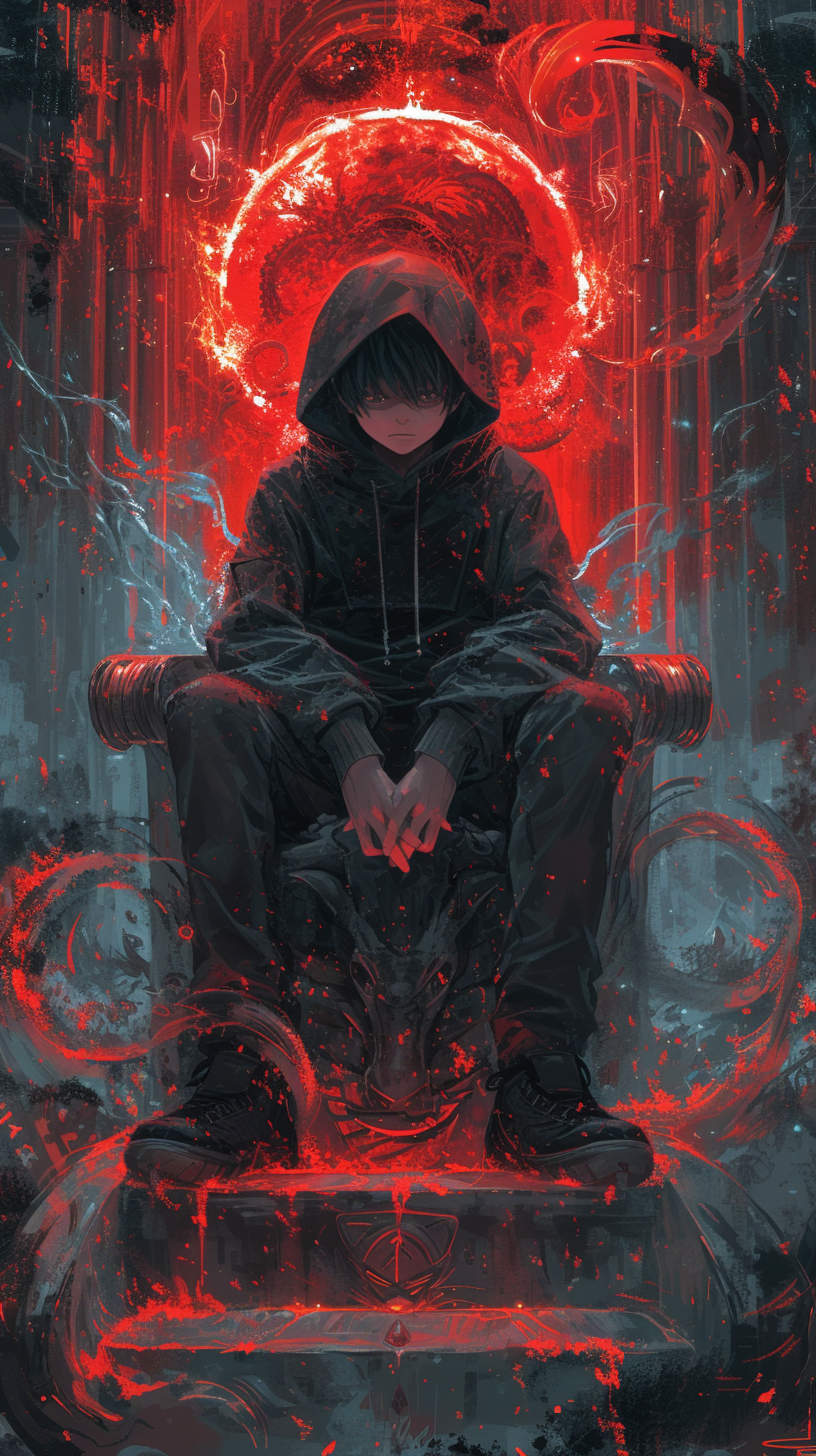 Hooded anime boy on throne with dark energies