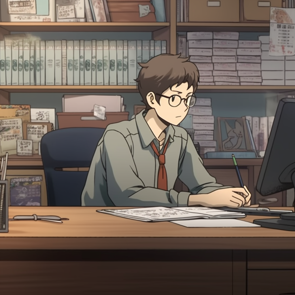 Anime cartoon sitting at desk