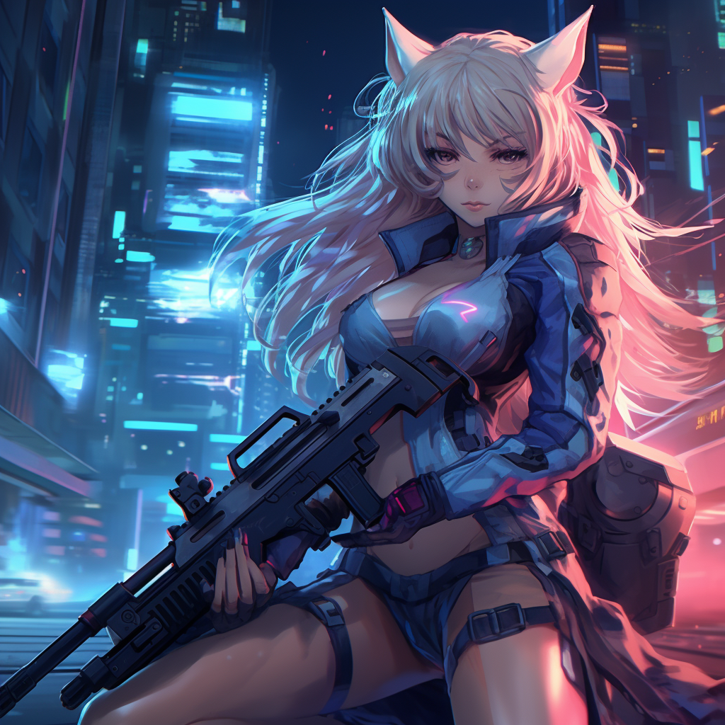 Anime catgirl with long hair in cyberpunk Tokyo night