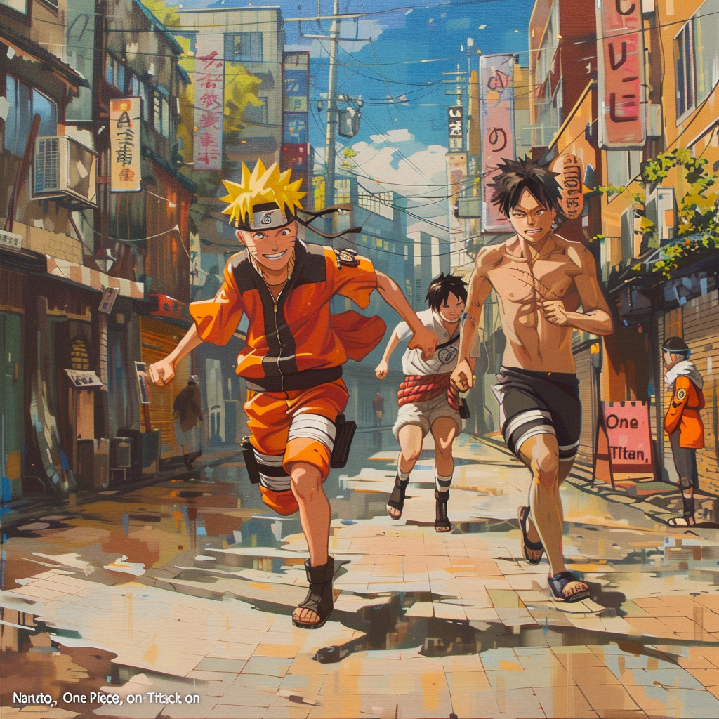 anime characters running street