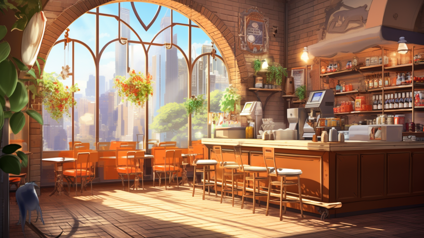 Cozy anime coffee shop with bright window