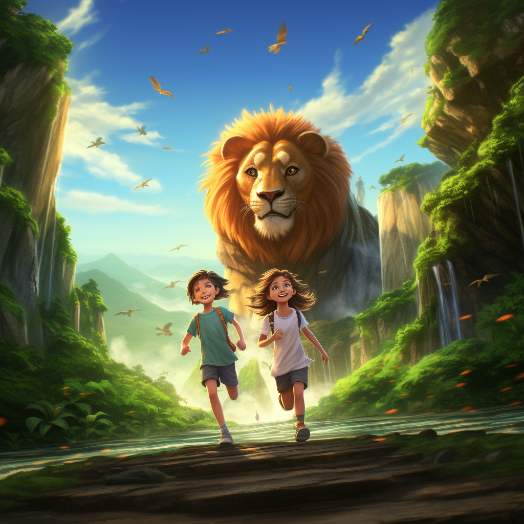 Anime characters in a scenic countryside with lion