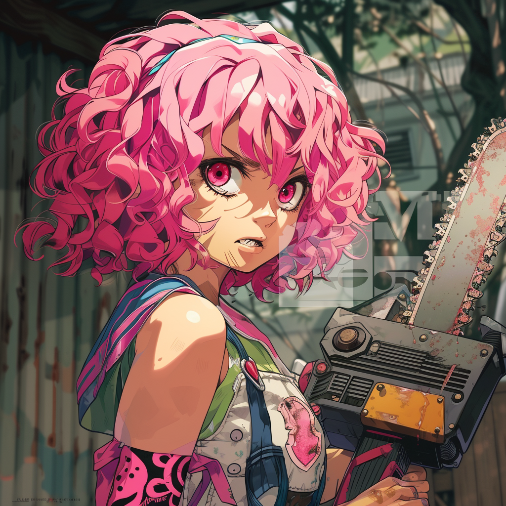 Anime girl with pink hair and chainsaw