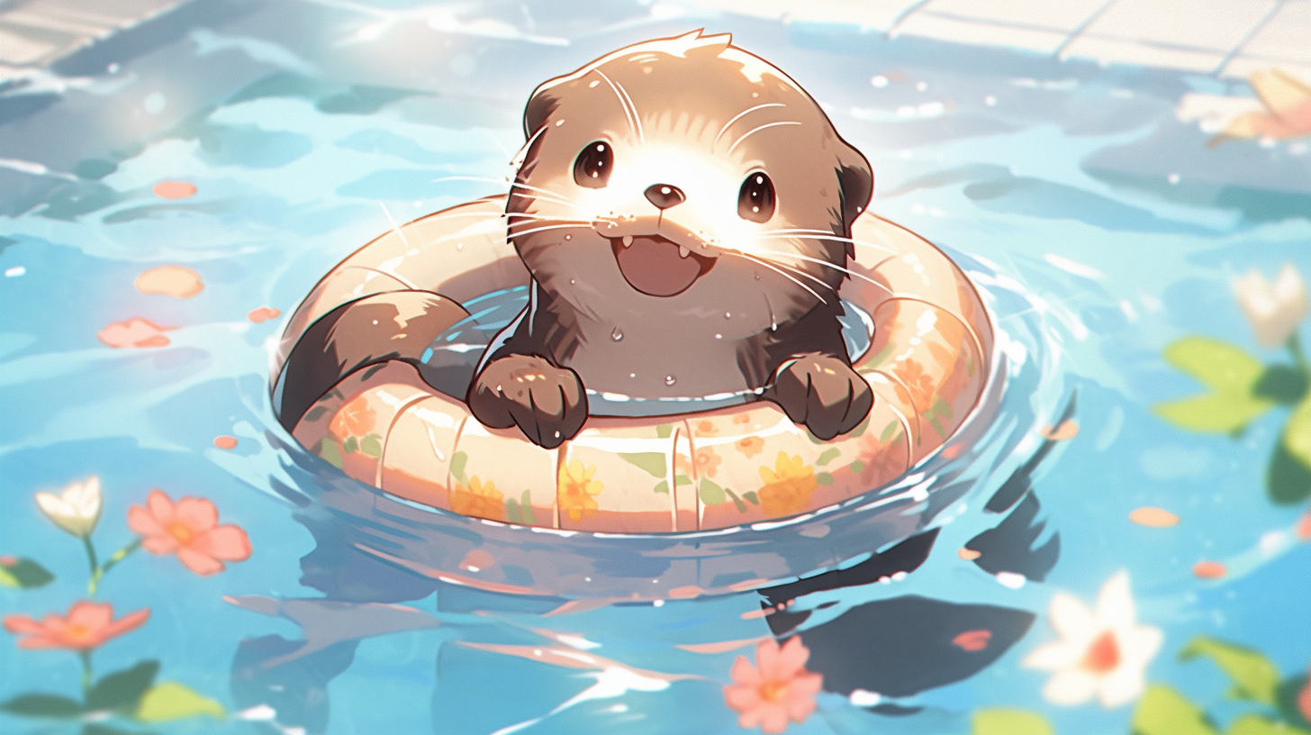 Anime cute otter swimming on pool happy smile