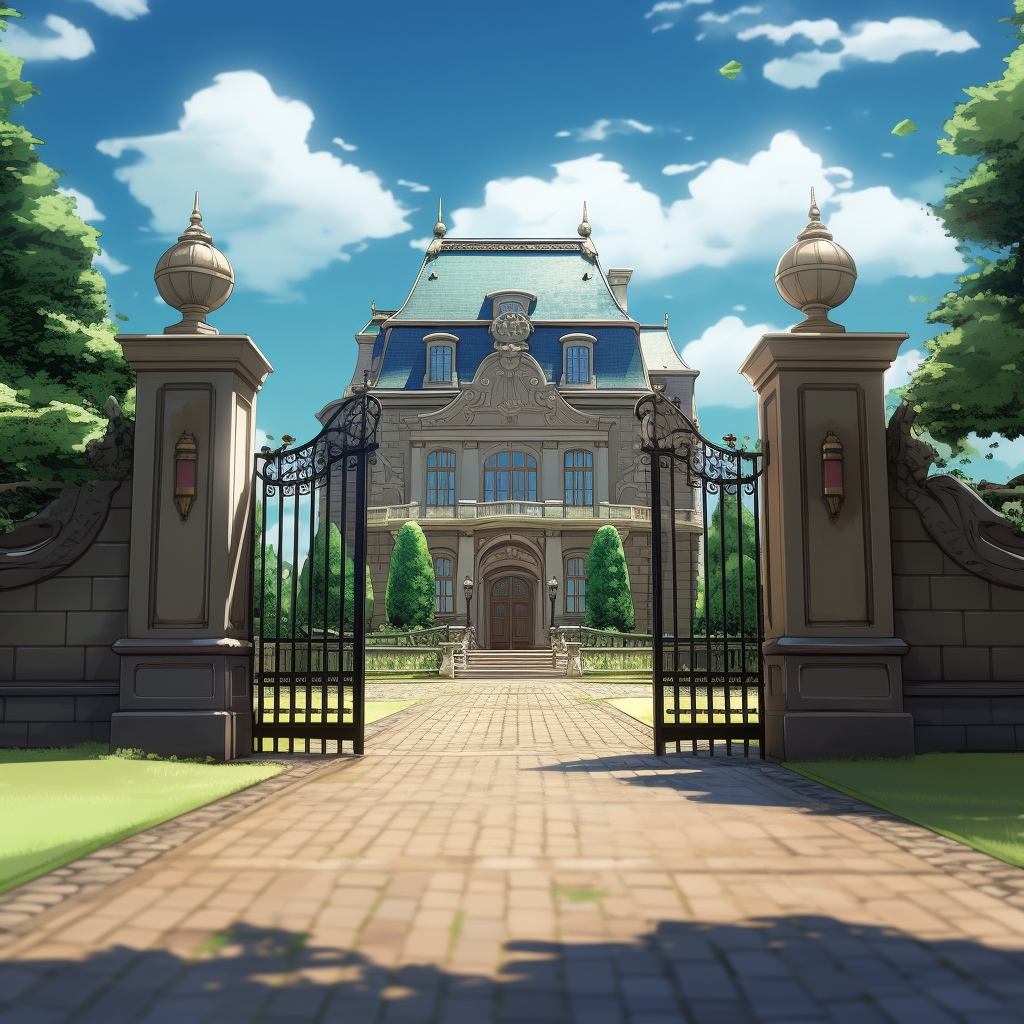 Anime driveway leading to giant metal gate and mansion