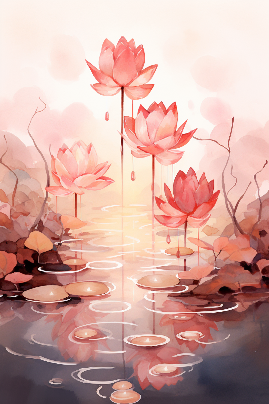 Beautiful anime flower lanterns on water