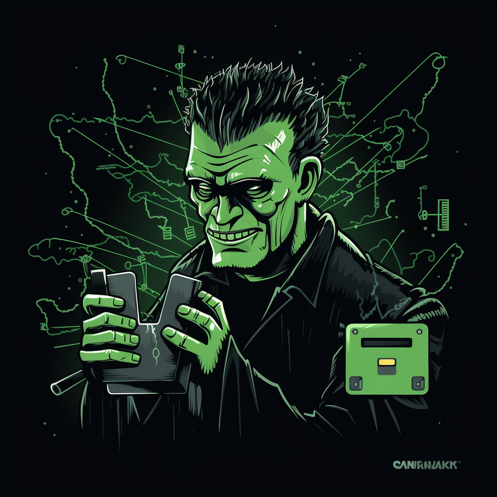 Anime Frankenstein monster made of bank logos