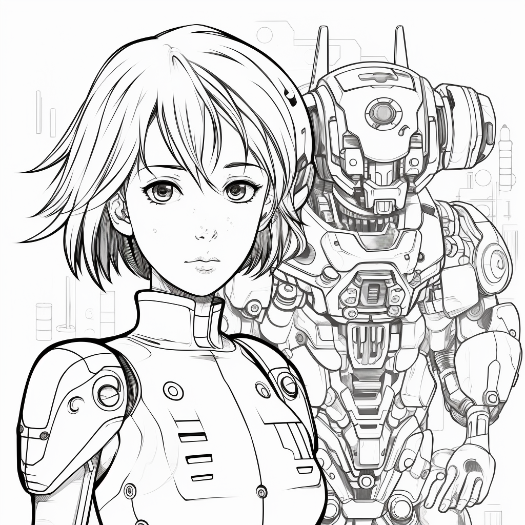 Anime futuristic robot companion and heroine coloring page