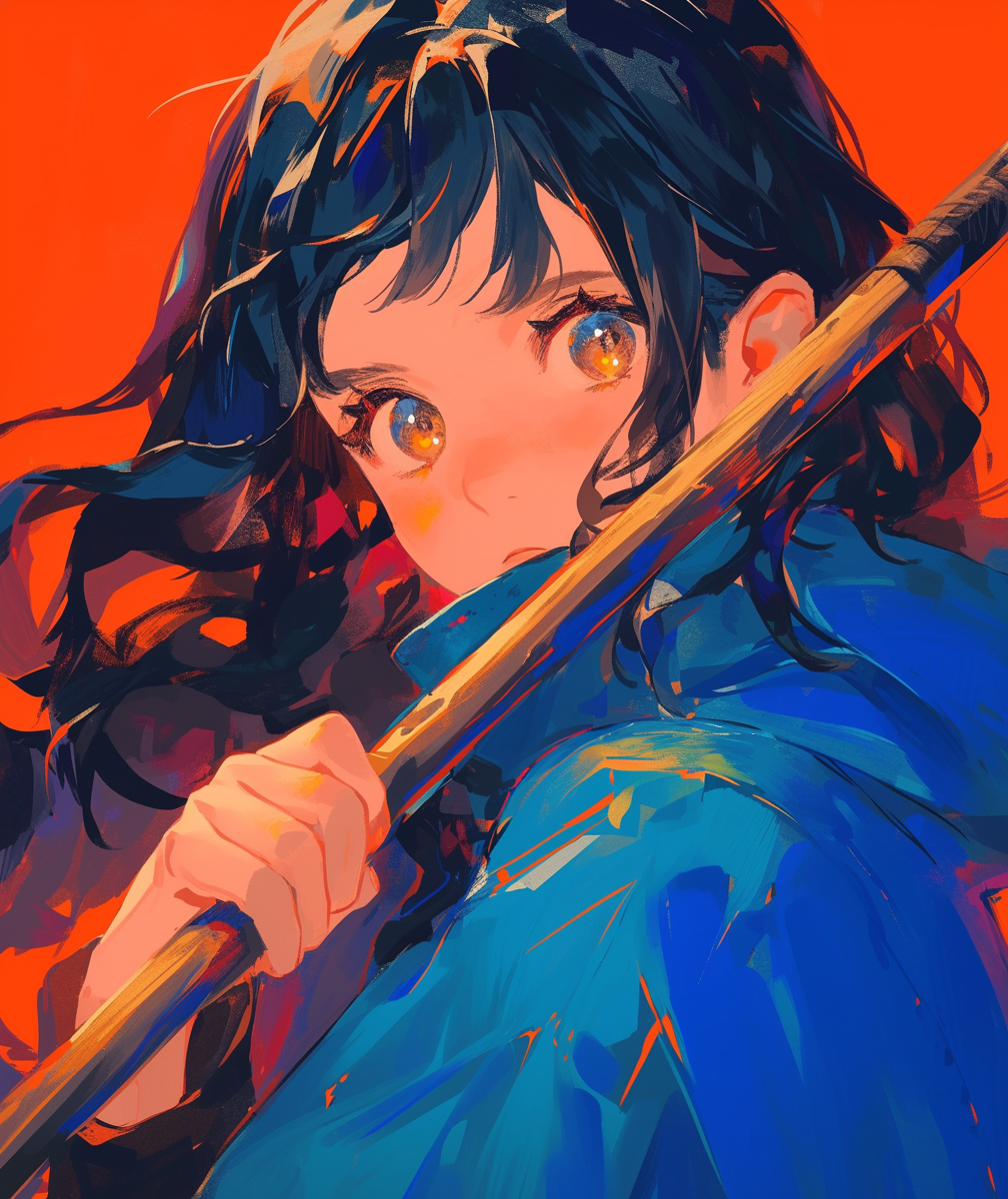 Anime girl in blue coat with stick