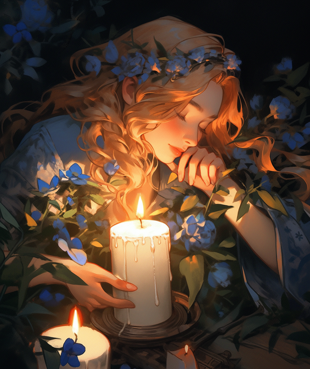 Anime girl candle flowers goblincore style