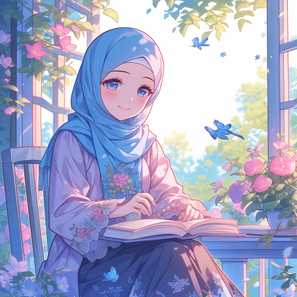 Teenage girl in hijab reading outside