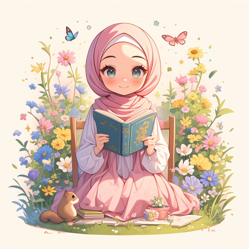 Muslim girl reading book with nature