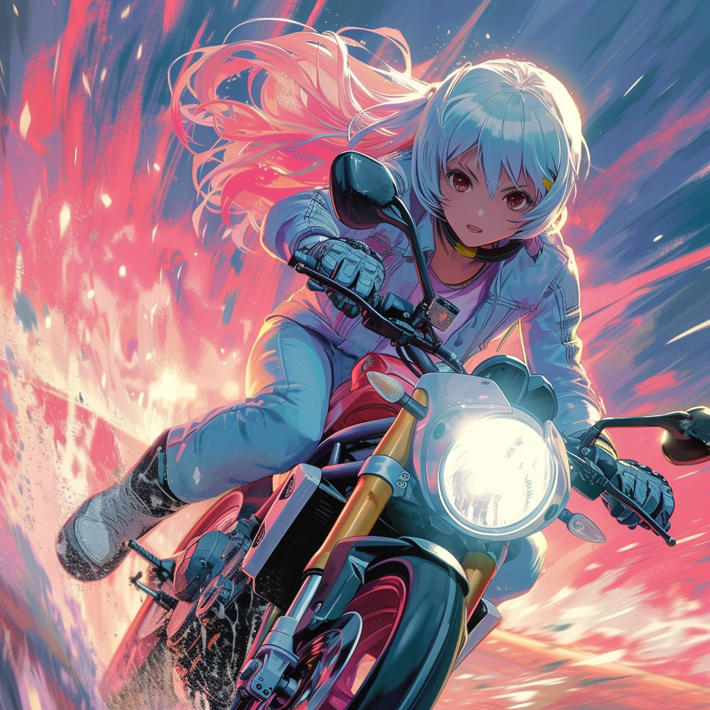 Anime girl on motorcycle speeding