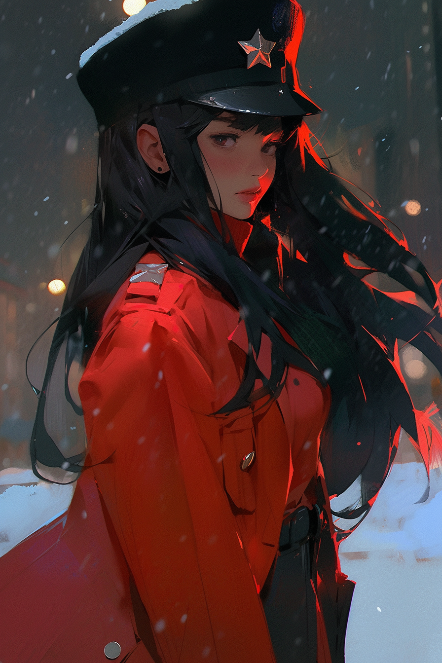 Anime girl in red military uniform on snowy night