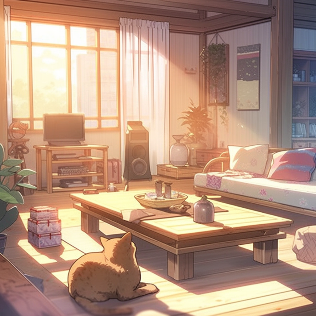 Cozy anime living room with vibrant colors