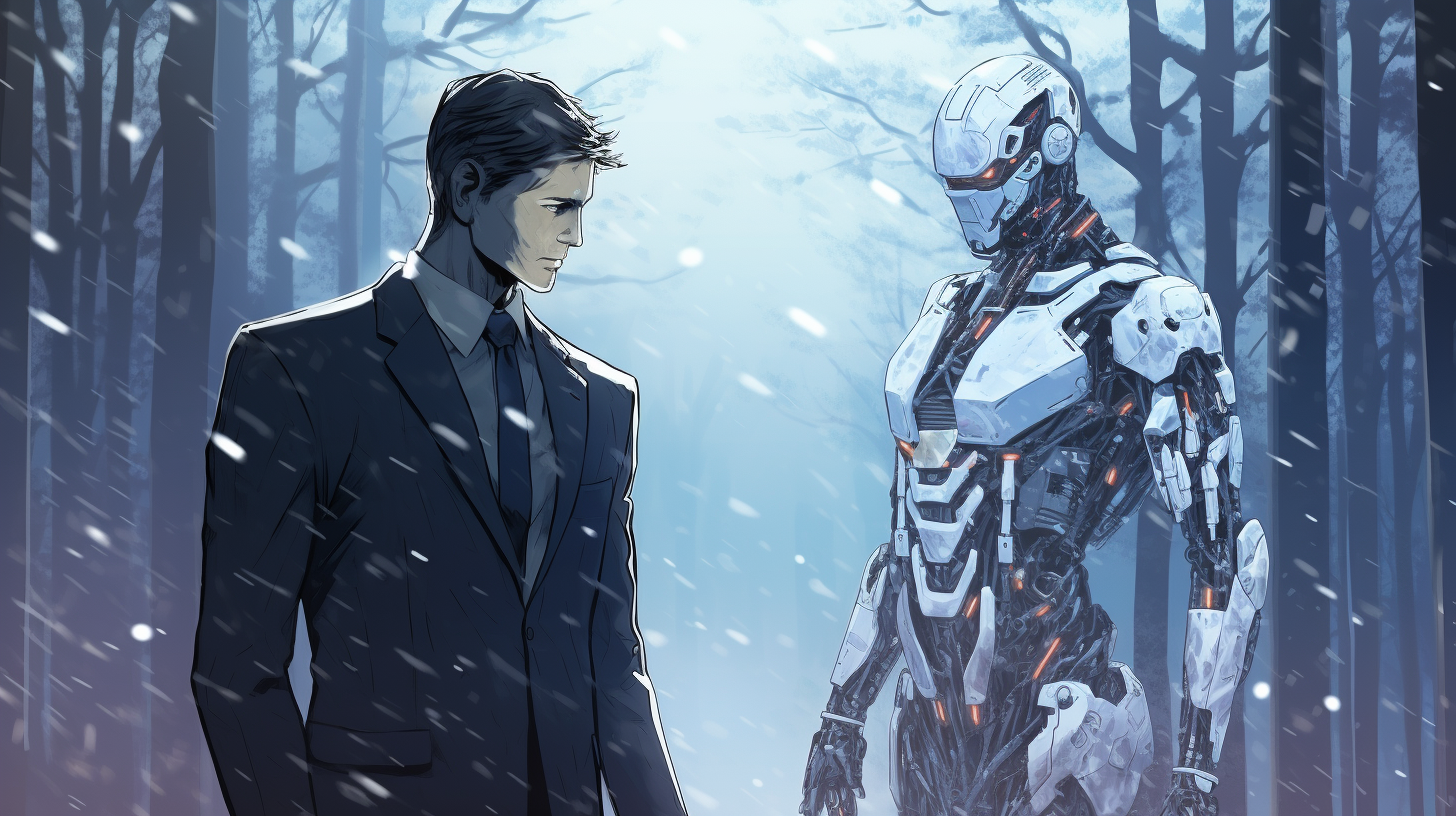 Anime man with cybernetic augmentations in winter forest