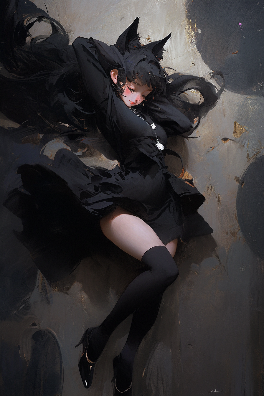 Anime Mouse Girl with Long Hair and Black Dress