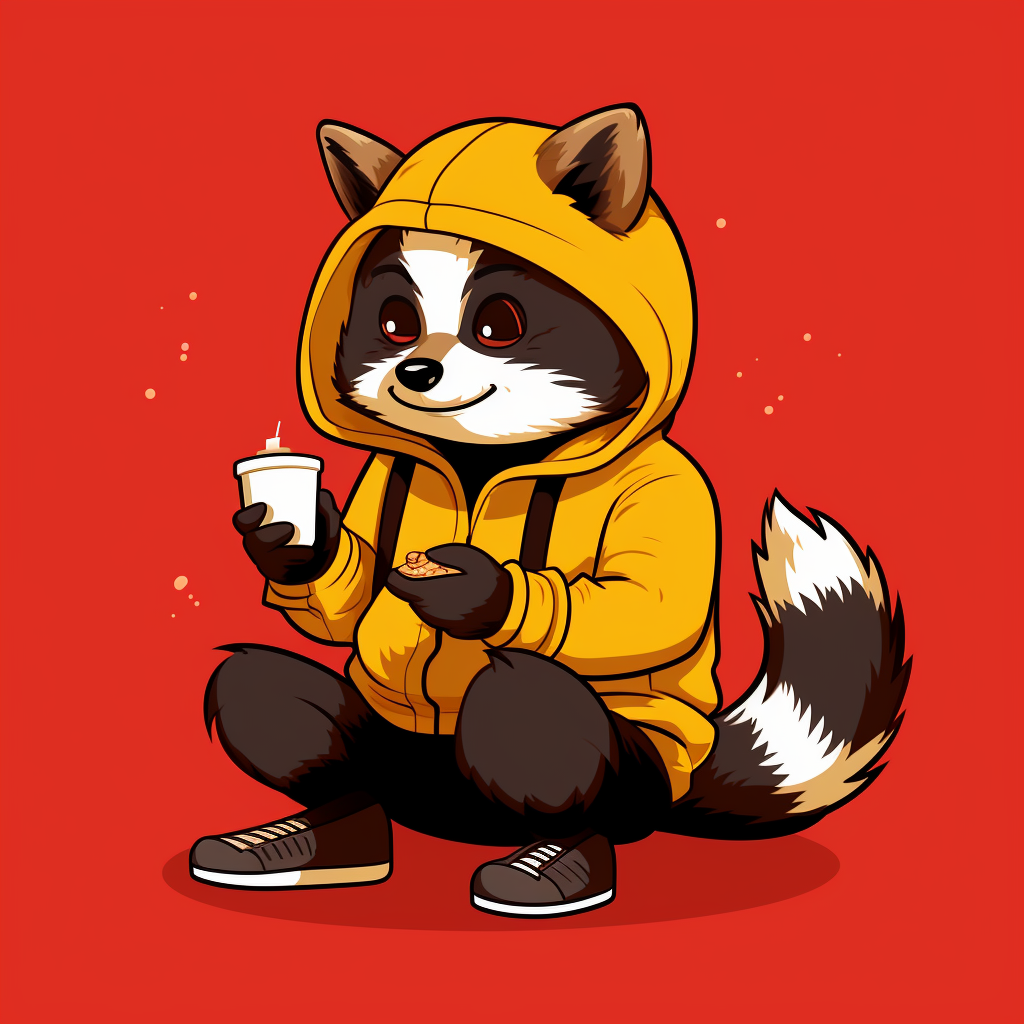 Smiling anime racoon eating a burger