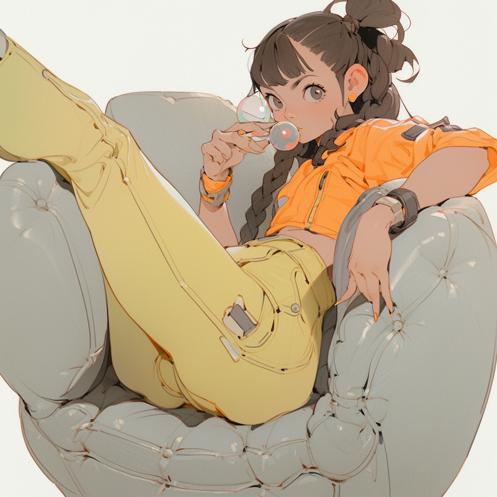 Anime girl on sofa chewing bubble gum