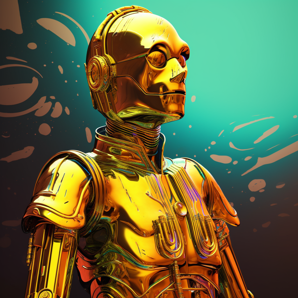 Anime statue of C-3PO with vibrant colors