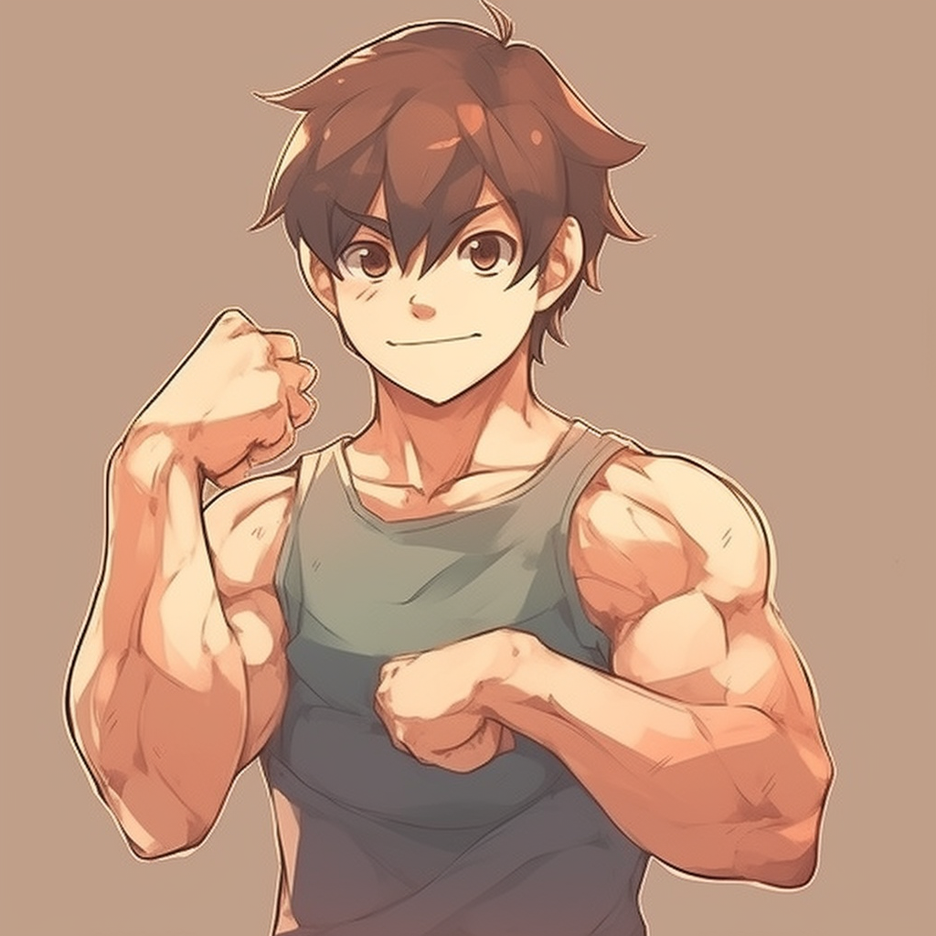 Strong anime boy flexing muscles