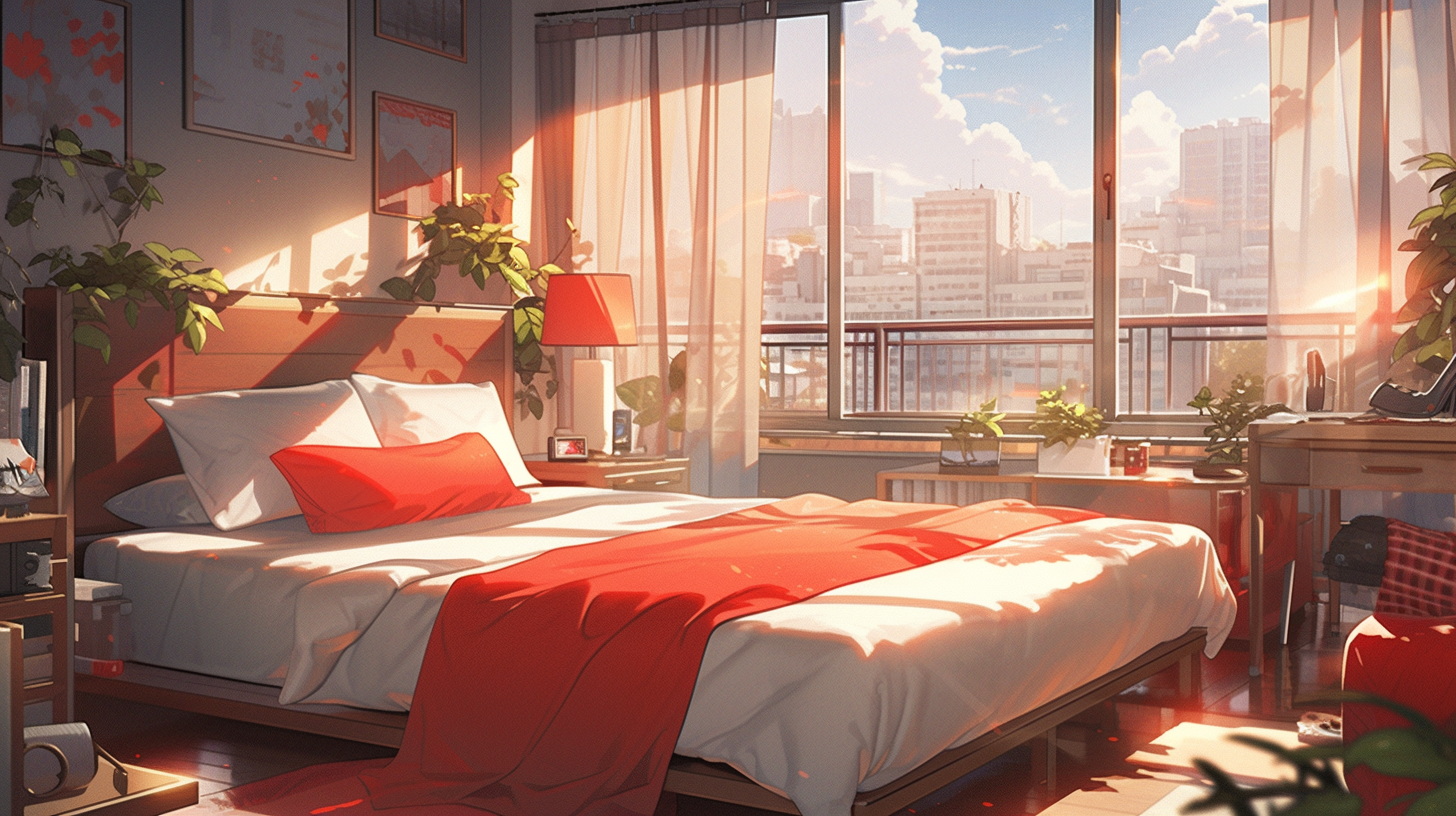 Soft Anime-style Bedroom with Open Window in Red Theme