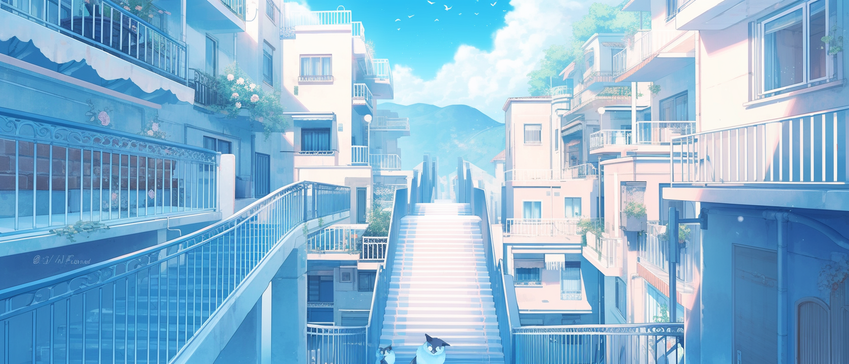 Anime-style cute street with blue skies