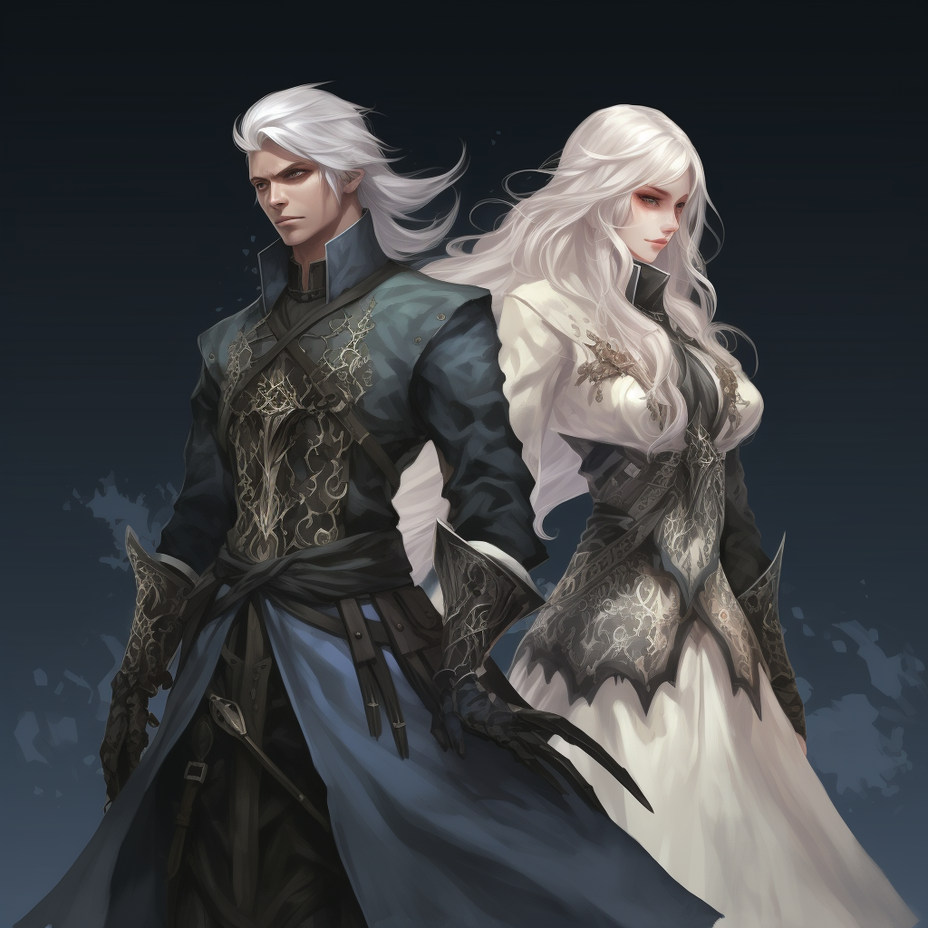 Anime twins with white hair and yellow eyes