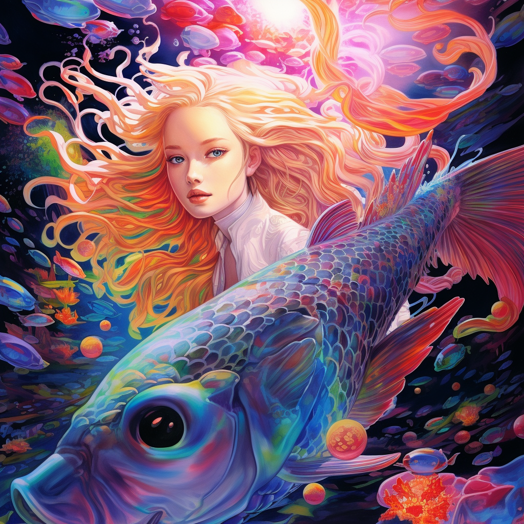 Anime style oil painting, beautiful woman, mermaid dress, giant Arowana