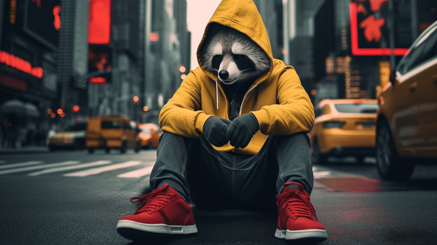 Cute anime-style raccoon wearing red hoodie and basketball sneakers