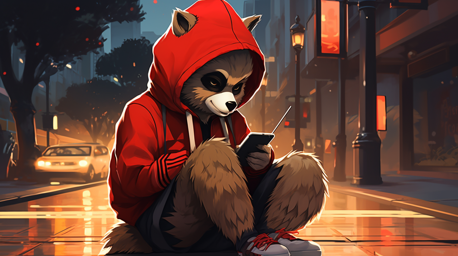 Anime raccoon wearing red hoodie